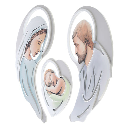 Quadro sagomato Sacra Famiglia con immagine in rilievo e decorazioni argentate. Dimensioni 100x70 cm