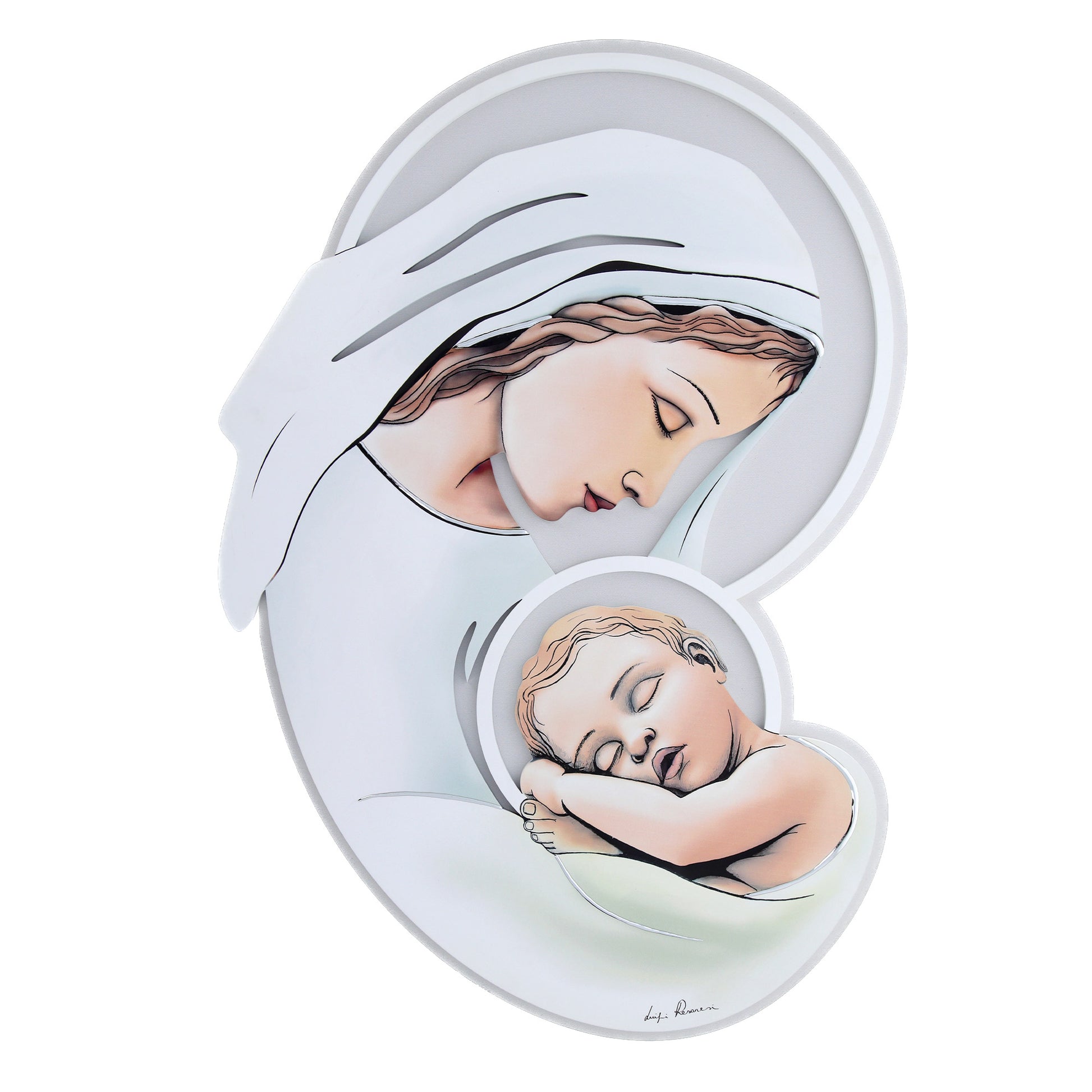 Quadro sagomato Madonna con Bambino con immagine in rilievo e decorazioni argentate. Dimensioni 50x70 cm