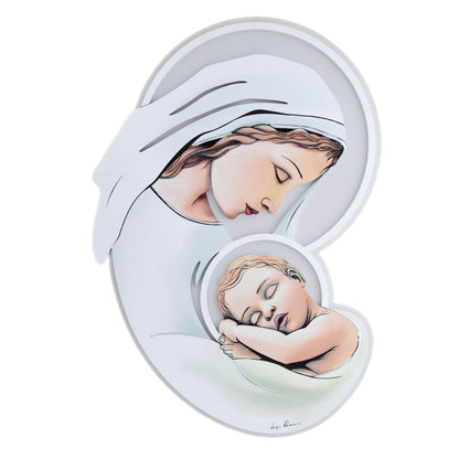 Quadro sagomato Madonna con Bambino con immagine in rilievo e decorazioni argentate. Dimensioni 50x70 cm