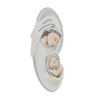 Quadro sagomato Madonna con Bambino con immagine in rilievo e decorazioni argentate. Dimensioni 50x70 cm