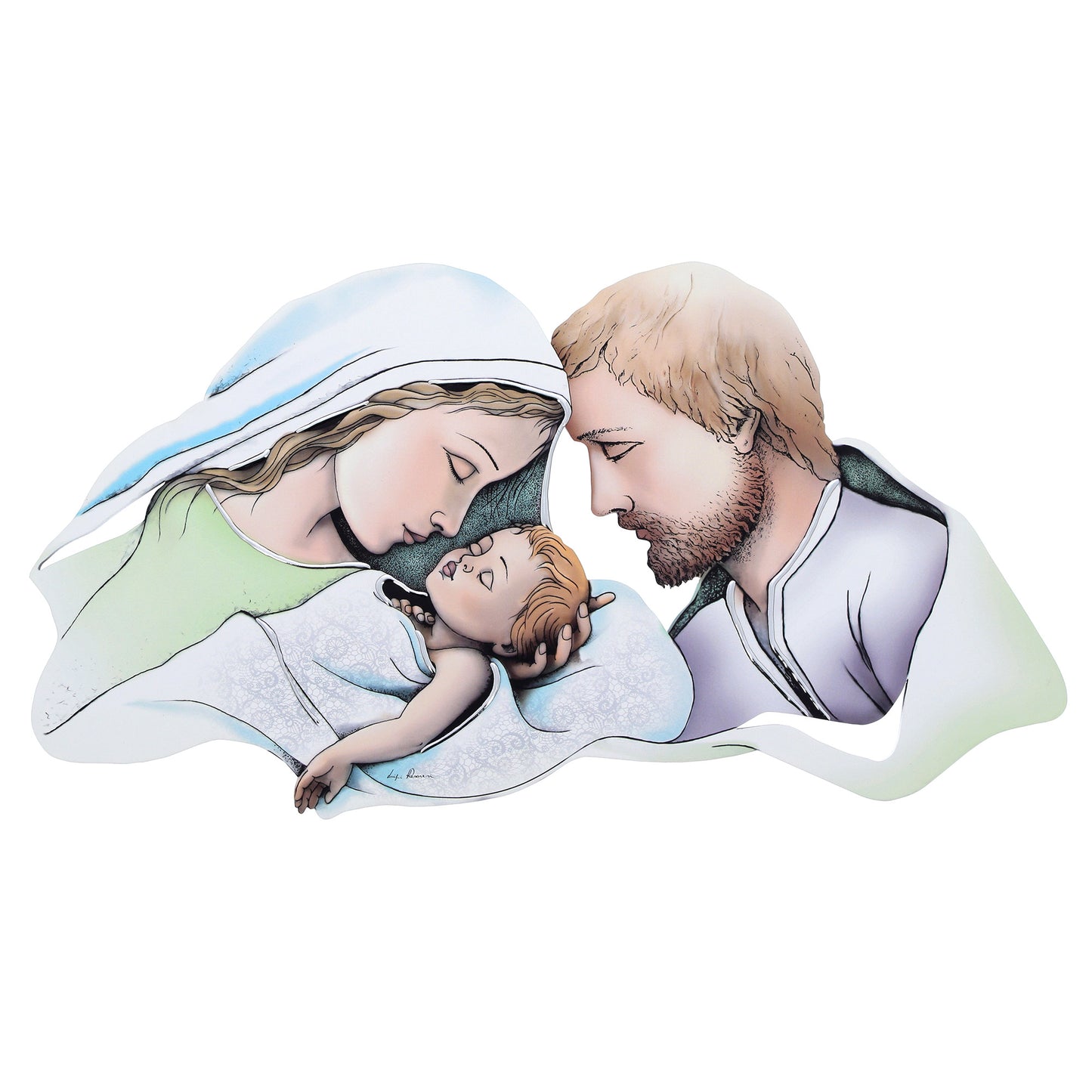 Quadro Sacra Famiglia con decorazioni in rilievo argentate. Dimensioni 80x42 cm