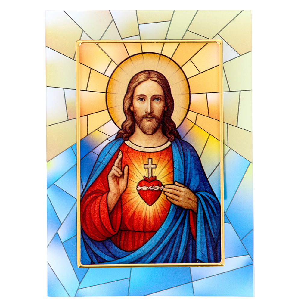 Quadro Sacro Cuore di Gesù in vetro – Immagine sacra da tavolo o da appendere con basetta – 13 × 18 cm