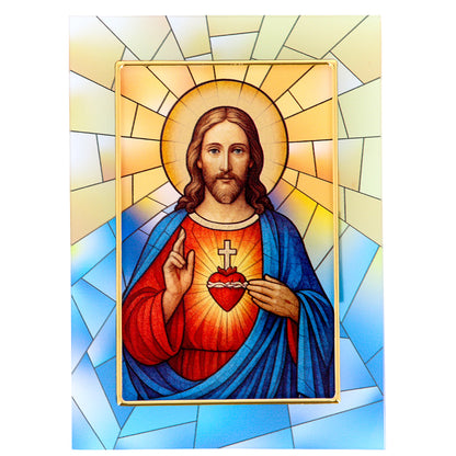 Quadro Sacro Cuore di Gesù in vetro – Immagine sacra da tavolo o da appendere con basetta – 13 × 18 cm