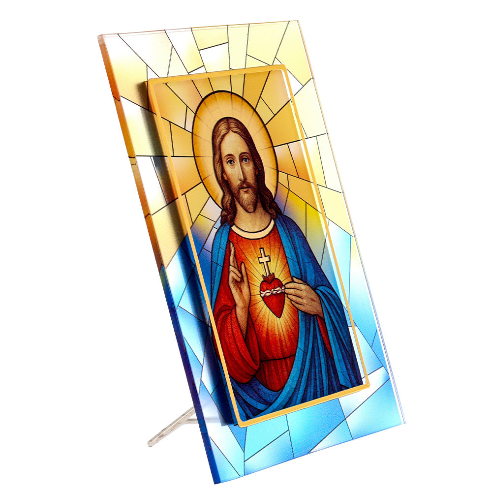 Quadro Sacro Cuore di Gesù in vetro – Immagine sacra da tavolo o da appendere con basetta – 13 × 18 cm