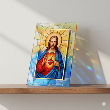 Quadro Sacro Cuore di Gesù in vetro – Immagine sacra da tavolo o da appendere con basetta – 13 × 18 cm