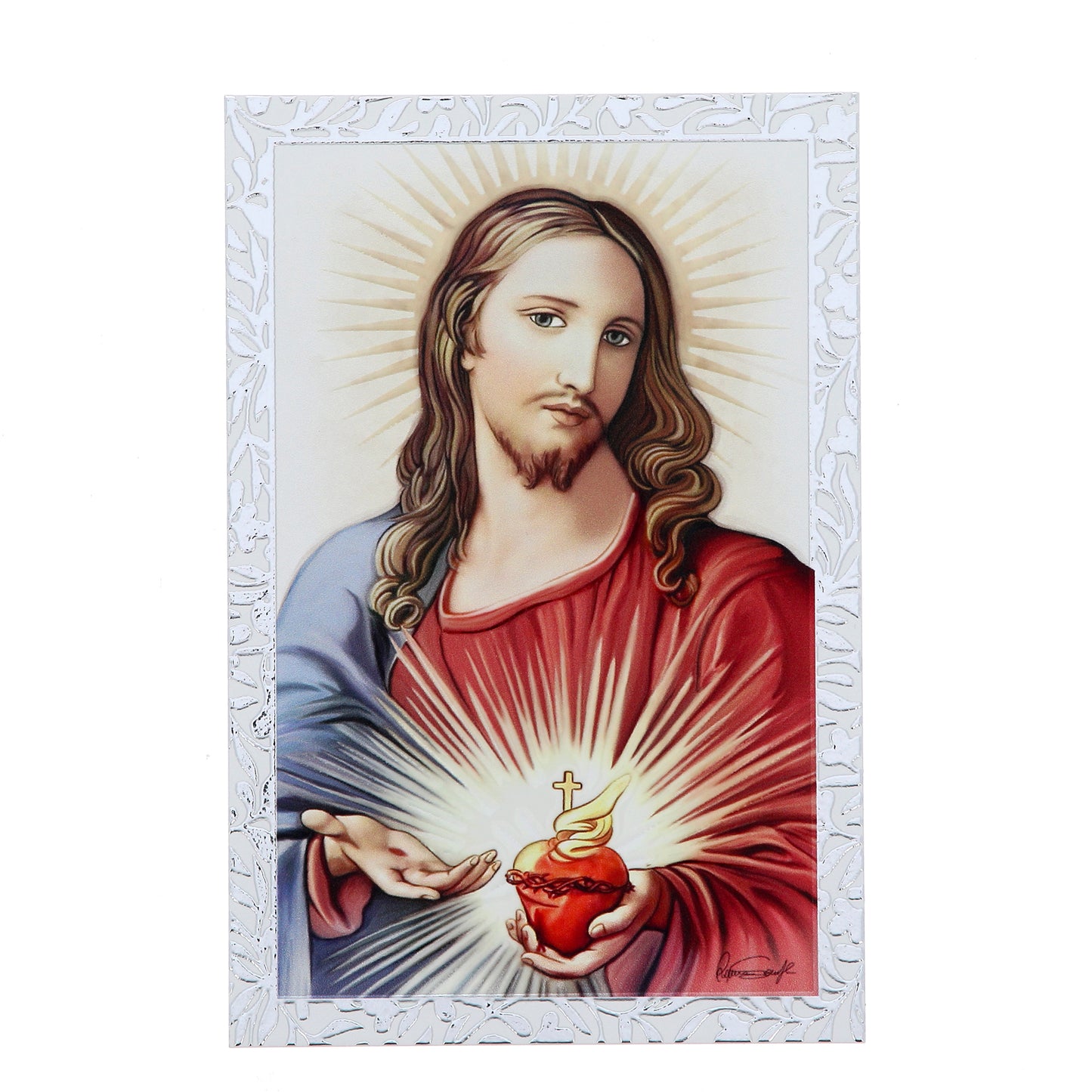 Quadro Sacro Cuore di Gesù in legno e cornice in foglia argento. Dimensioni 9x13,5 cm