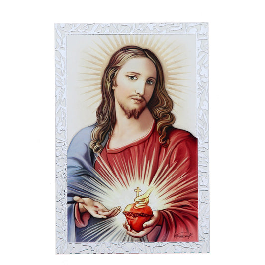 Quadro Sacro Cuore di Gesù in legno e cornice in foglia argento. Dimensioni 9x13,5 cm
