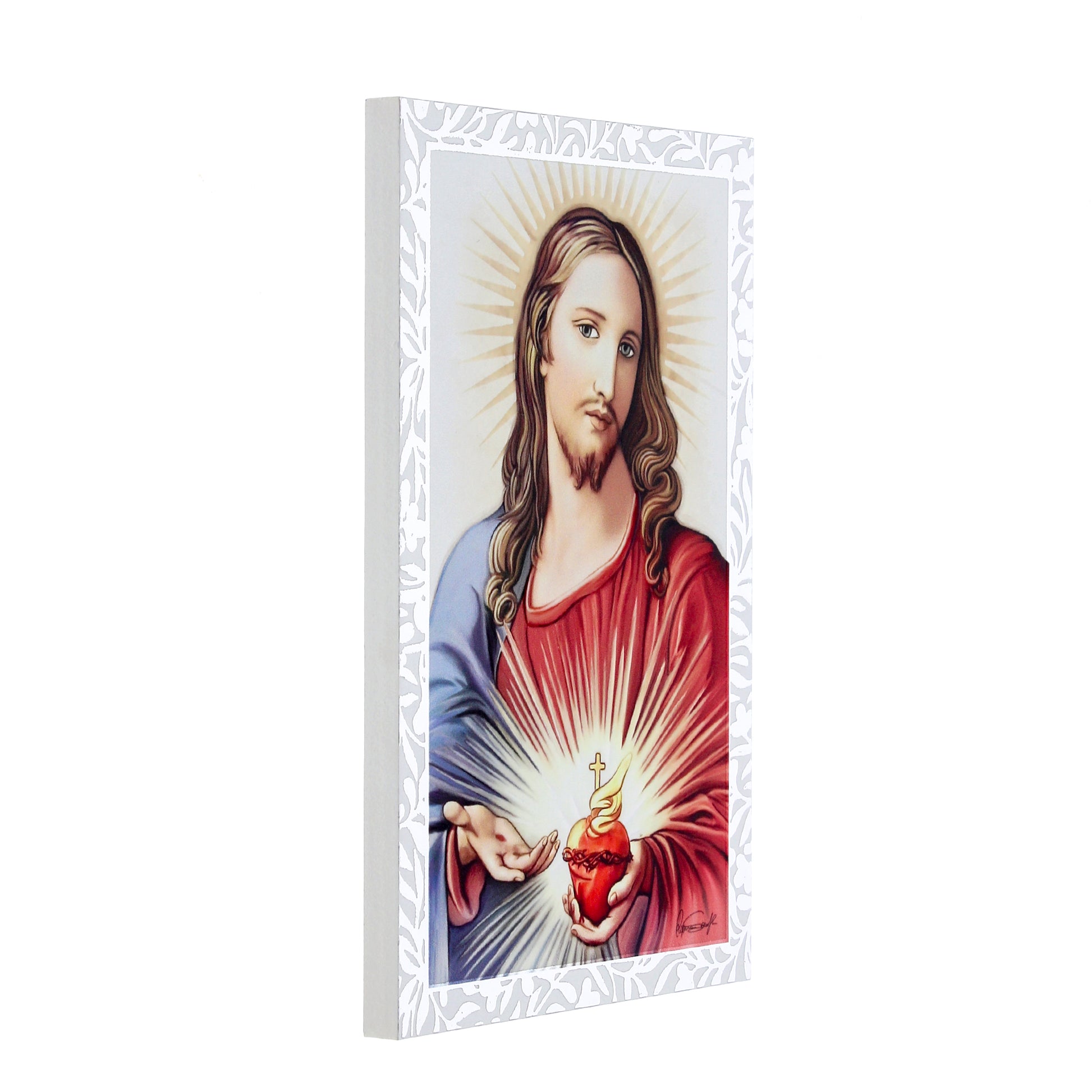 Quadro Sacro Cuore di Gesù in legno e cornice in foglia argento. Dimensioni 9x13,5 cm