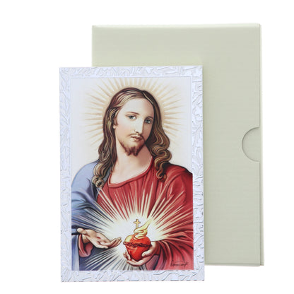 Quadro Sacro Cuore di Gesù in legno e cornice in foglia argento. Dimensioni 9x13,5 cm