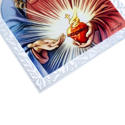 Quadro Sacro Cuore di Gesù in legno e cornice in foglia argento. Dimensioni 9x13,5 cm
