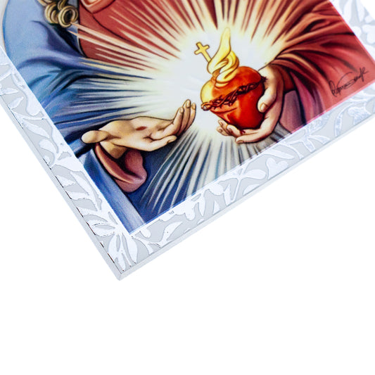 Quadro Sacro Cuore di Gesù in legno e cornice in foglia argento. Dimensioni 9x13,5 cm