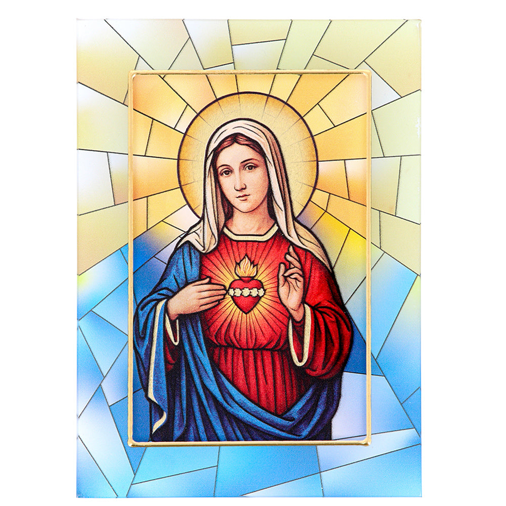 Quadro Cuore Immacolato di Maria in vetro – Immagine sacra da tavolo o da appendere con basetta – 13 × 18 cm