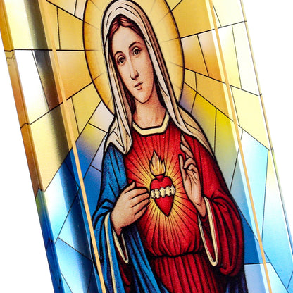 Quadro Cuore Immacolato di Maria in vetro – Immagine sacra da tavolo o da appendere con basetta – 13 × 18 cm