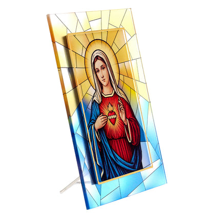 Quadro Cuore Immacolato di Maria in vetro – Immagine sacra da tavolo o da appendere con basetta – 13 × 18 cm