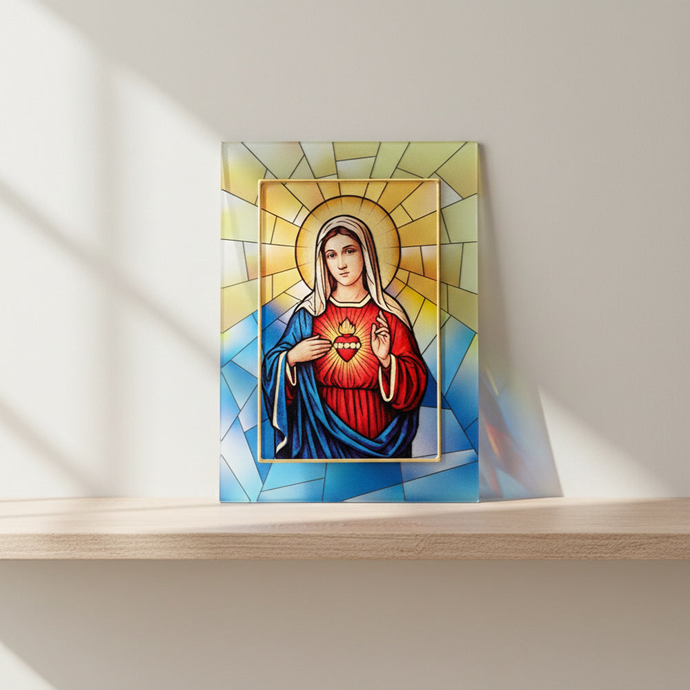 Quadro Cuore Immacolato di Maria in vetro – Immagine sacra da tavolo o da appendere con basetta – 13 × 18 cm