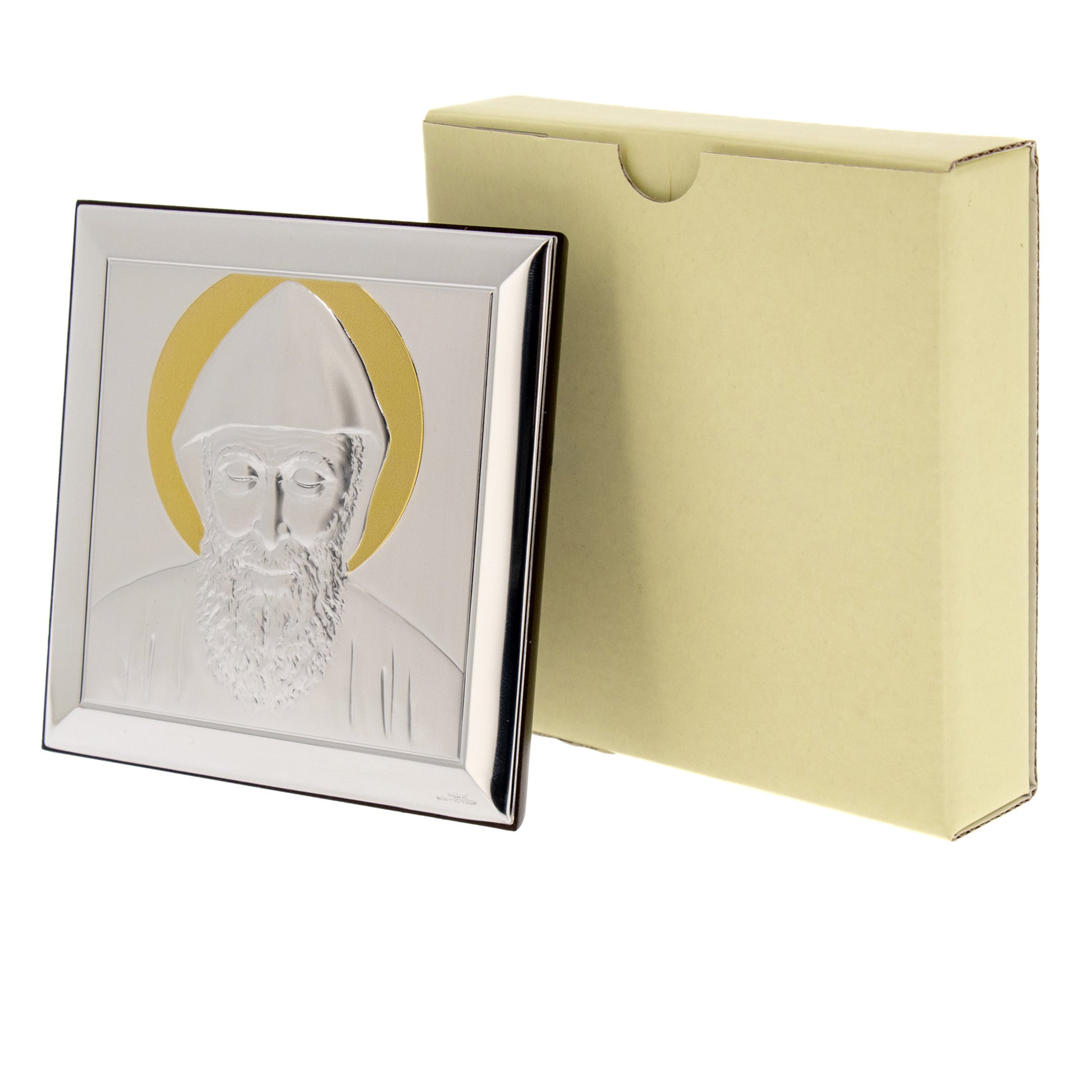 Quadro San Charbel in argento e dettagli dorati. Dimensioni 12,5x12,5 cm