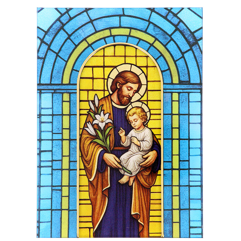 Quadro San Giuseppe con Bambino in vetro – Immagine sacra da tavolo o da appendere con basetta – 13 × 18 cm