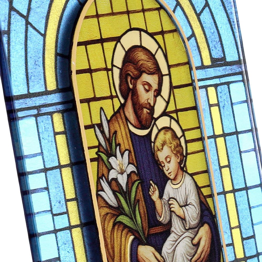 Quadro San Giuseppe con Bambino in vetro – Immagine sacra da tavolo o da appendere con basetta – 13 × 18 cm