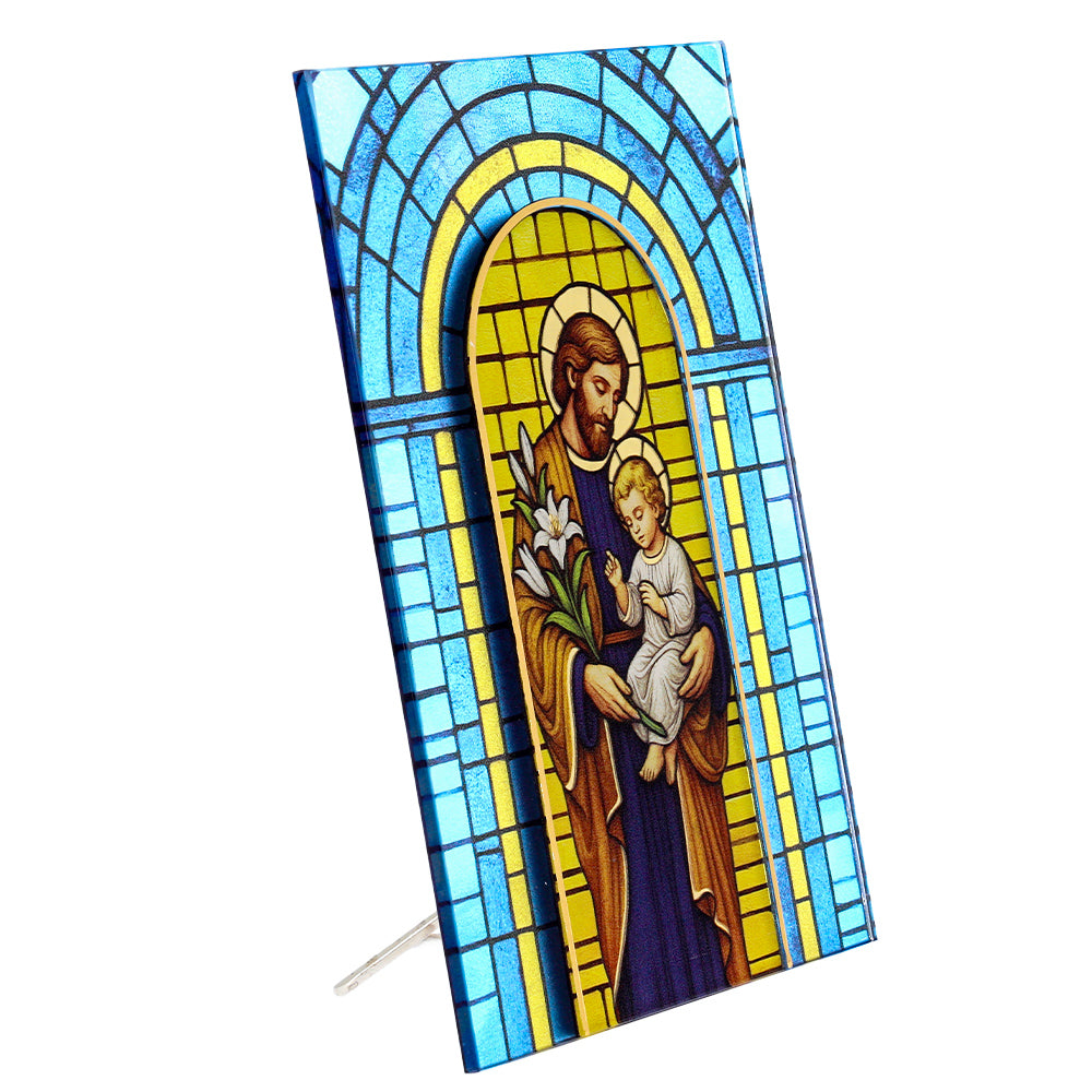 Quadro San Giuseppe con Bambino in vetro – Immagine sacra da tavolo o da appendere con basetta – 13 × 18 cm