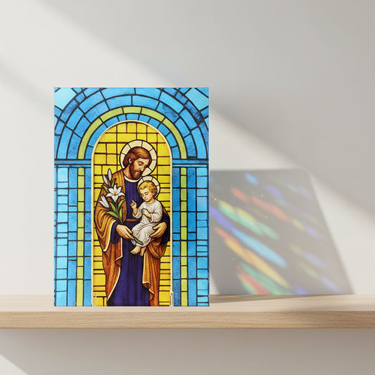 Quadro San Giuseppe con Bambino in vetro – Immagine sacra da tavolo o da appendere con basetta – 13 × 18 cm