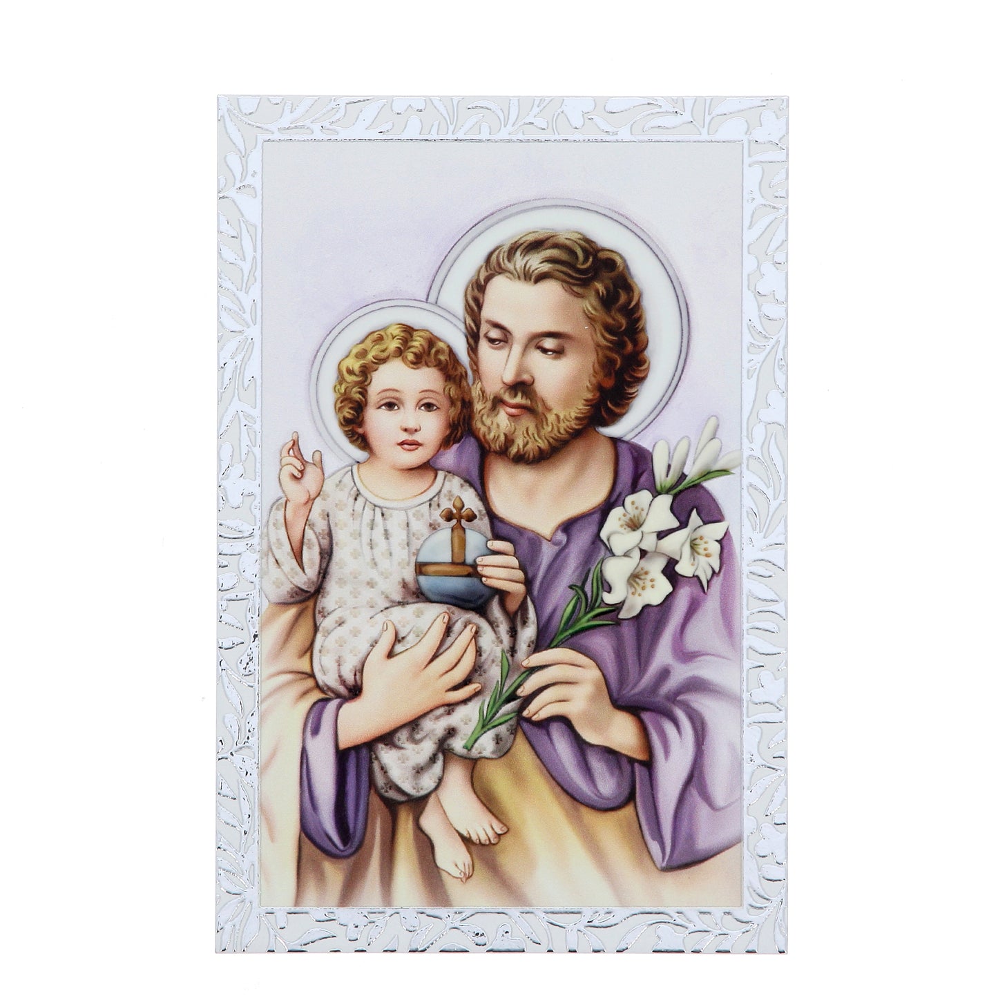 Quadro San Giuseppe in legno e cornice in foglia argento. Dimensioni 9x13,5 cm