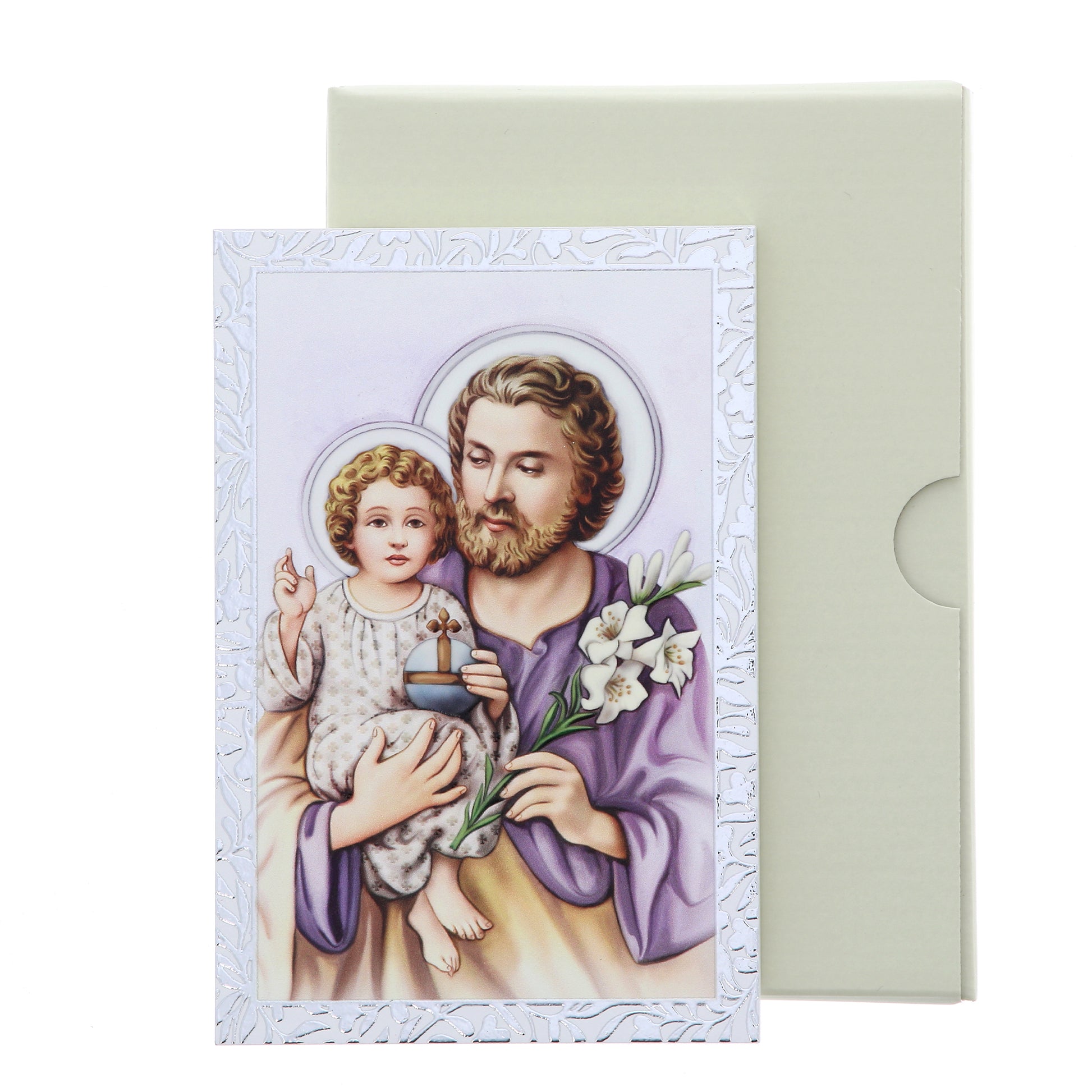 Quadro San Giuseppe in legno e cornice in foglia argento. Dimensioni 9x13,5 cm