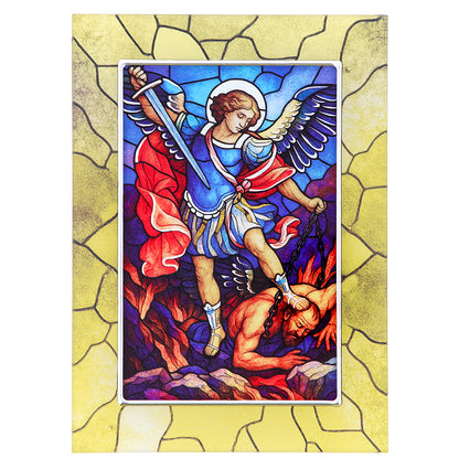 Quadro San Michele Arcangelo in vetro – Immagine sacra da tavolo o da appendere con basetta – 13 × 18 cm