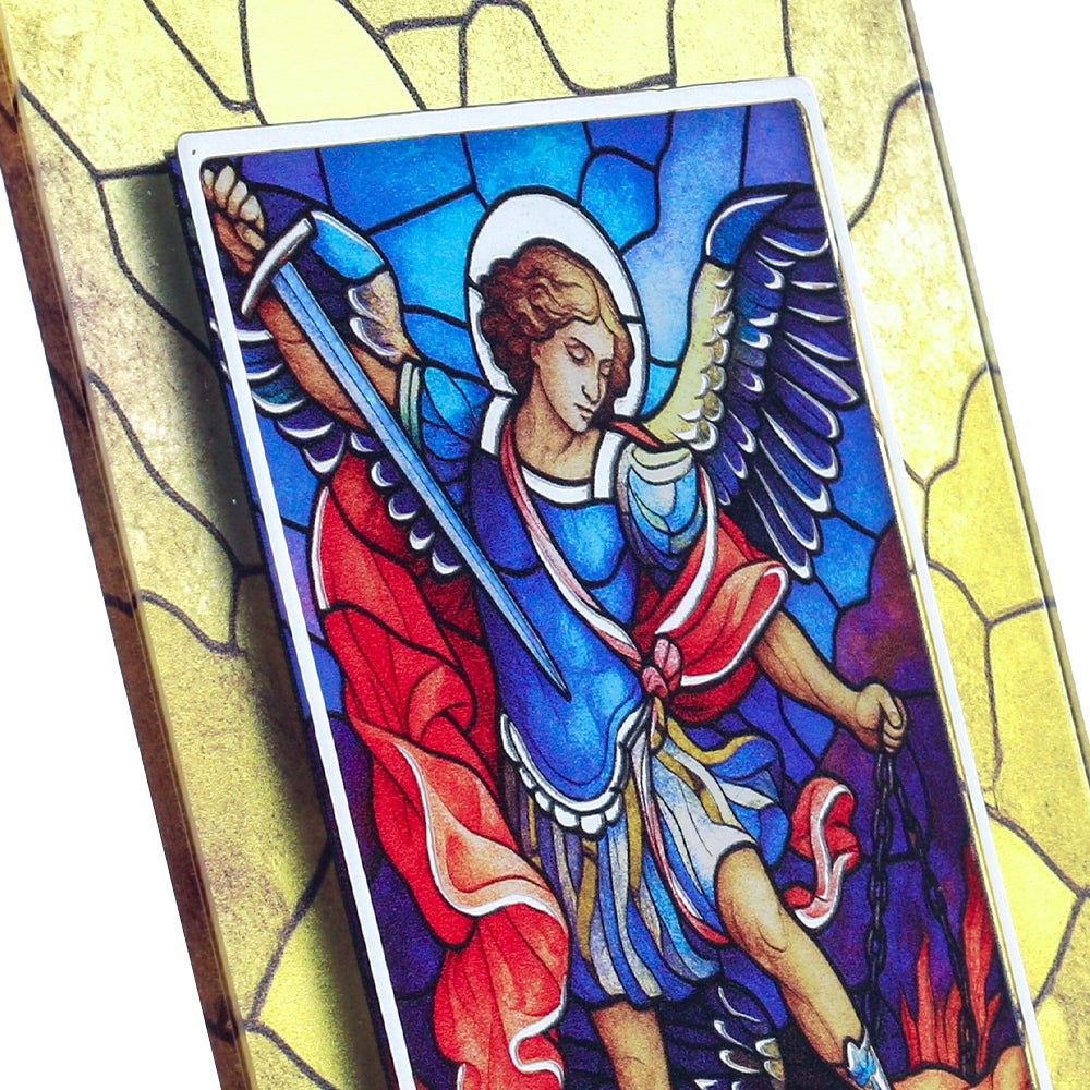 Quadro San Michele Arcangelo in vetro – Immagine sacra da tavolo o da appendere con basetta – 13 × 18 cm