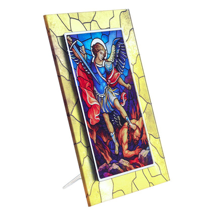 Quadro San Michele Arcangelo in vetro – Immagine sacra da tavolo o da appendere con basetta – 13 × 18 cm