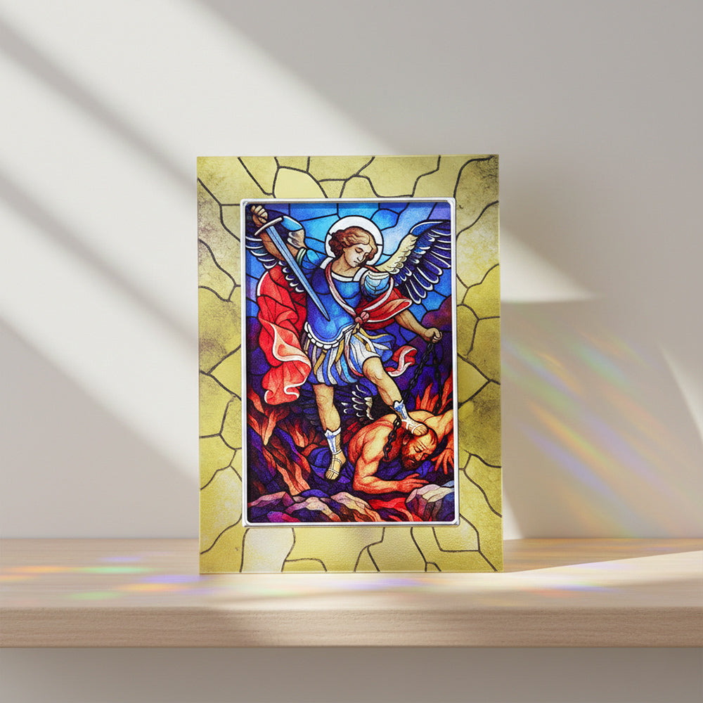 Quadro San Michele Arcangelo in vetro – Immagine sacra da tavolo o da appendere con basetta – 13 × 18 cm