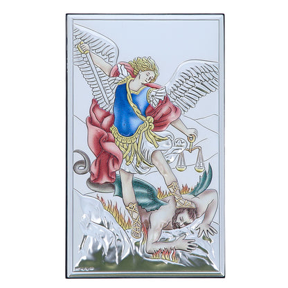 Quadro in argento San Michele con decorazioni colorate. Dimensioni 9x15 cm