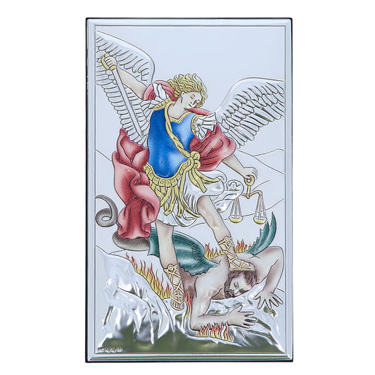 Quadro in argento San Michele con decorazioni colorate. Dimensioni 9x15 cm