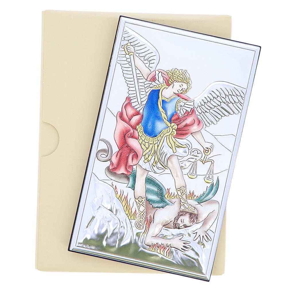 Quadro in argento San Michele con decorazioni colorate. Dimensioni 9x15 cm