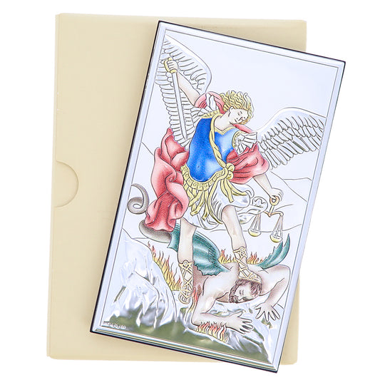 Quadro in argento San Michele con decorazioni colorate. Dimensioni 9x15 cm