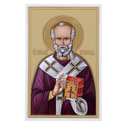 Quadro San Nicola in legno e dettagli in foglia oro. Dimensioni 11,5x17,5 cm