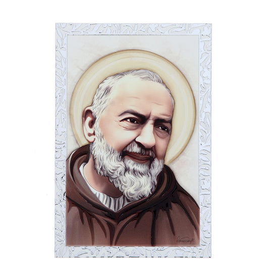 Quadro San Pio in legno e cornice in foglia argento. Dimensioni 9x13,5 cm