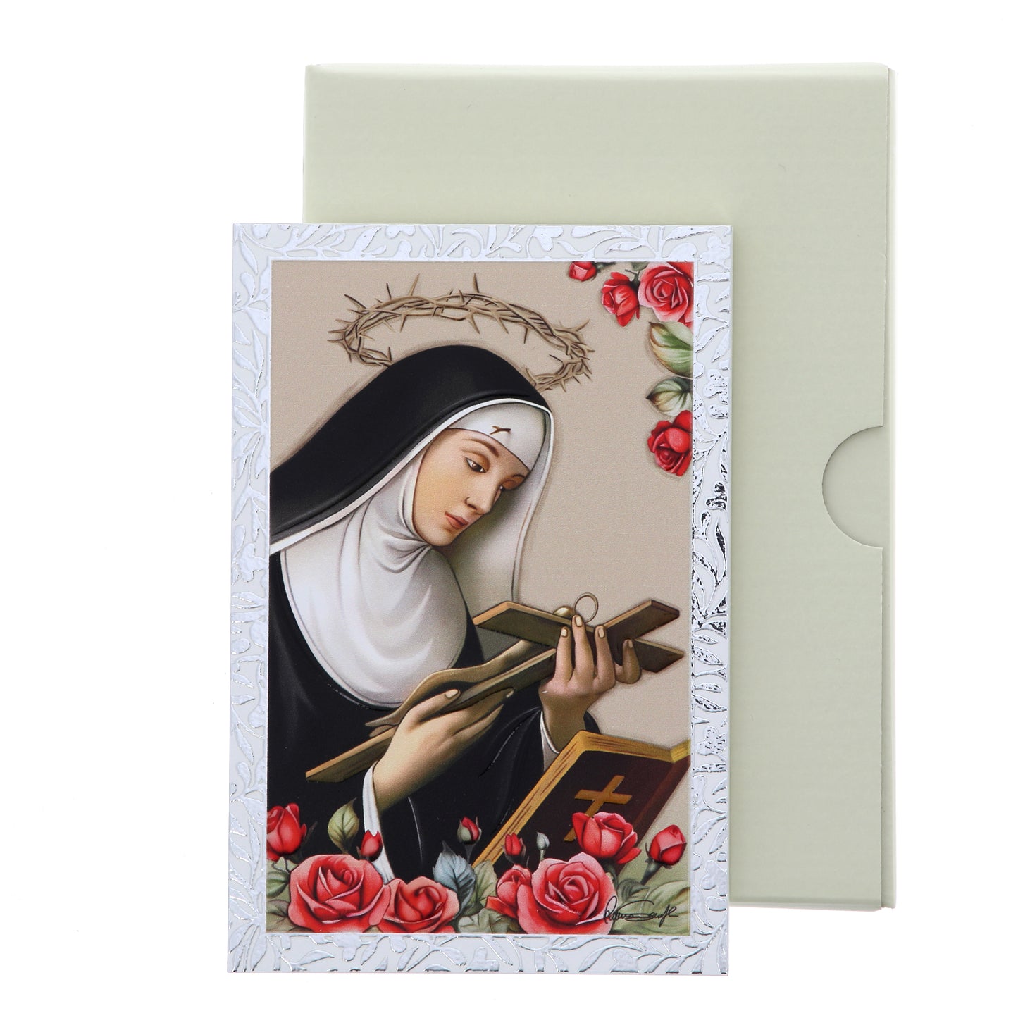 Quadro Santa Rita in legno e cornice in foglia argento. Dimensioni 9x13,5 cm
