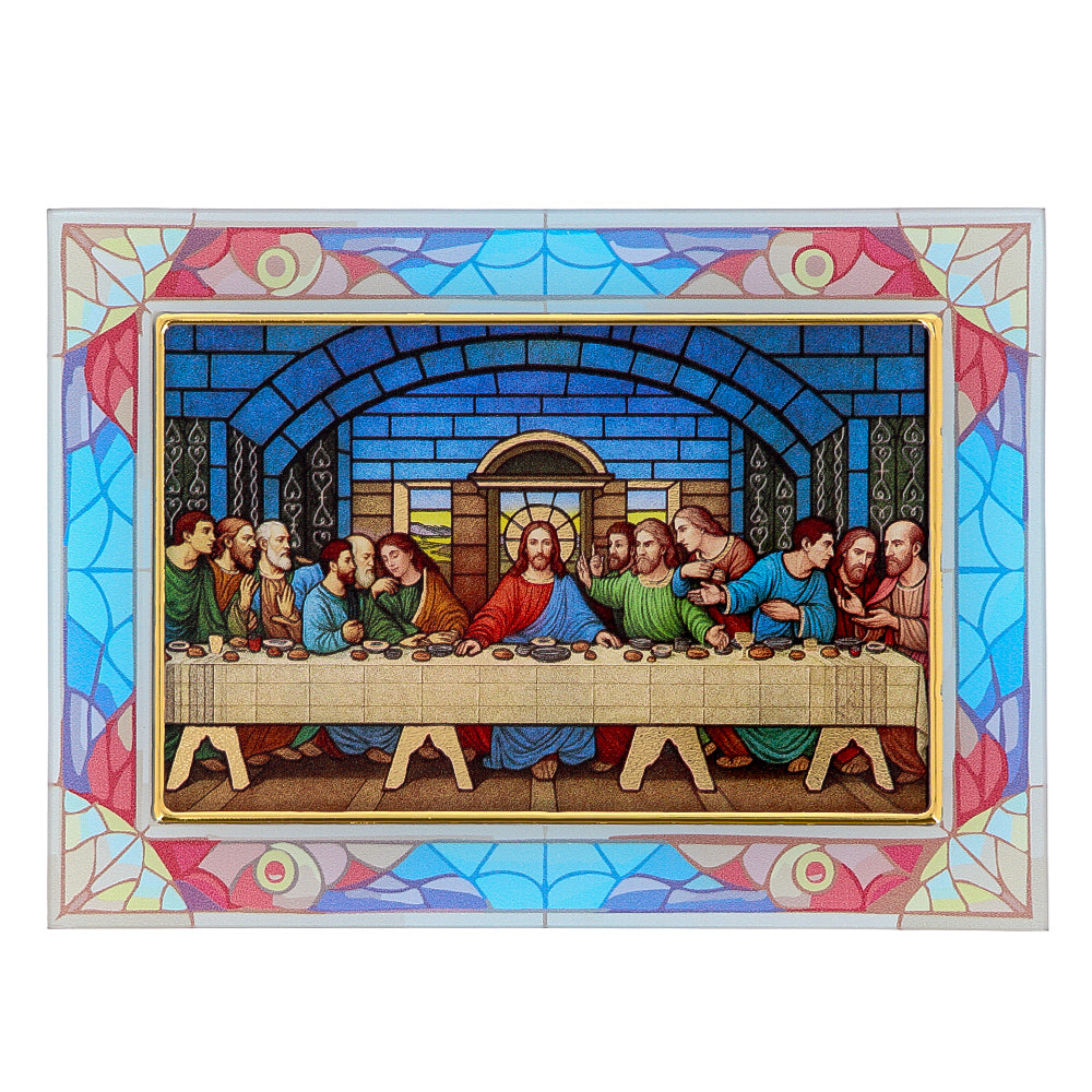 Quadro Ultima Cena in vetro – Immagine sacra da tavolo o da appendere con basetta – 18 × 13 cm