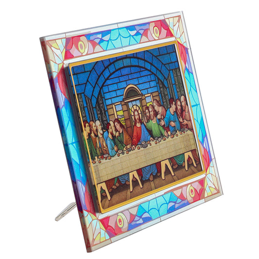Quadro Ultima Cena in vetro – Immagine sacra da tavolo o da appendere con basetta – 18 × 13 cm