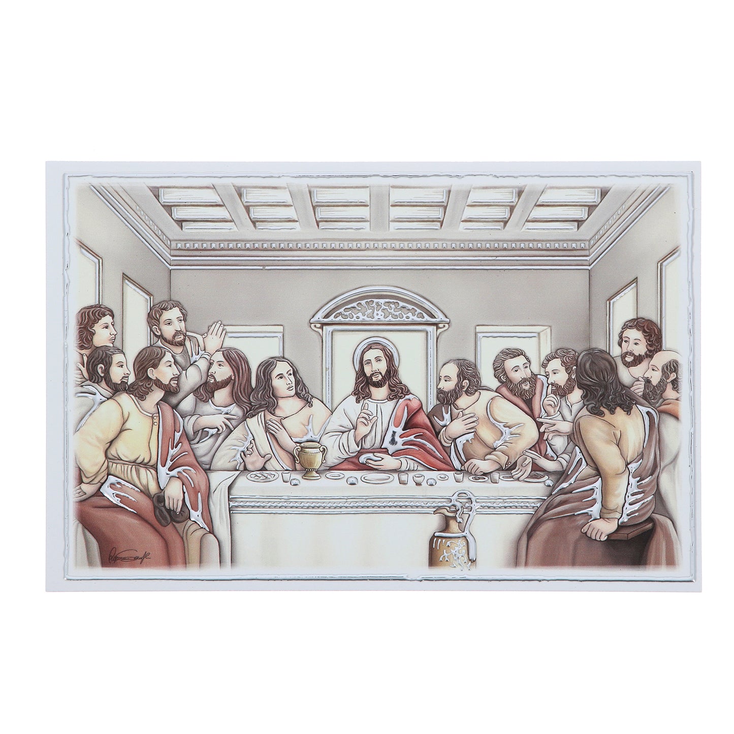 Quadro Ultima Cena in legno e dettagli in foglia argento. Dimensioni 17,5x11,5 cm