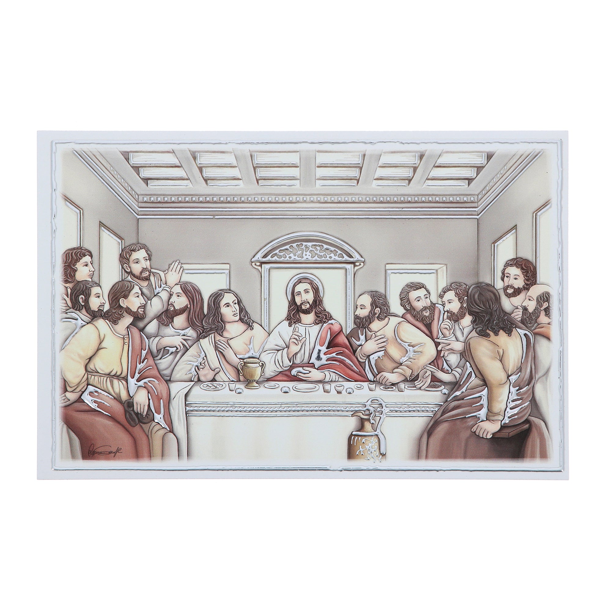 Quadro Ultima Cena in legno e dettagli in foglia argento. Dimensioni 17,5x11,5 cm