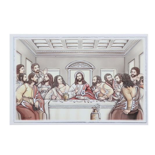 Quadro Ultima Cena in legno e dettagli in foglia argento. Dimensioni 17,5x11,5 cm