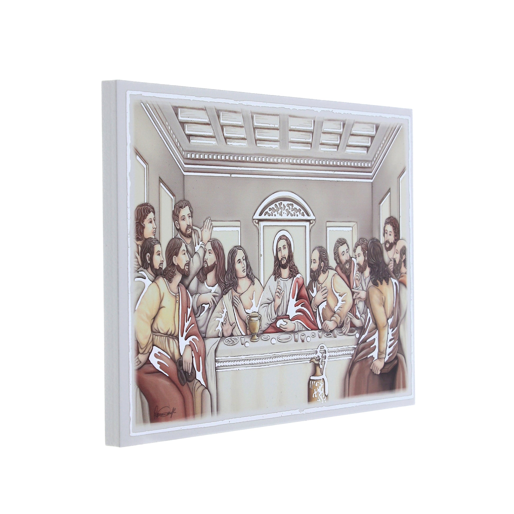 Quadro Ultima Cena in legno e dettagli in foglia argento. Dimensioni 17,5x11,5 cm