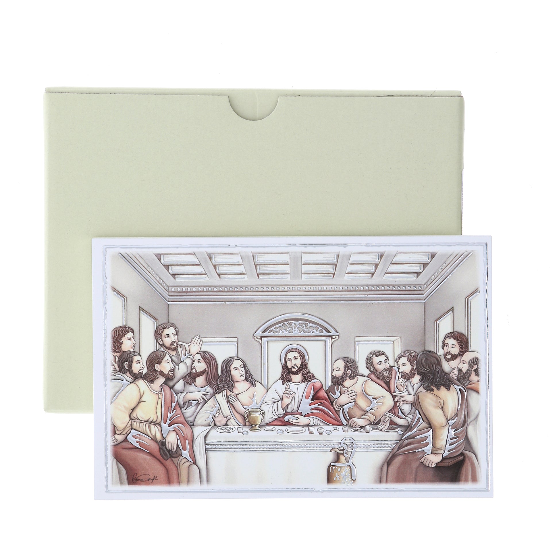 Quadro Ultima Cena in legno e dettagli in foglia argento. Dimensioni 17,5x11,5 cm