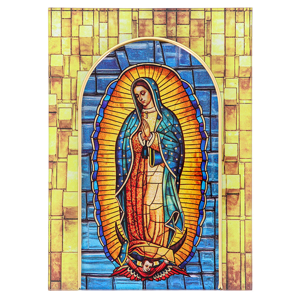 Quadro Madonna di Guadalupe in vetro – Immagine sacra da tavolo o da appendere con basetta – 13 × 18 cm
