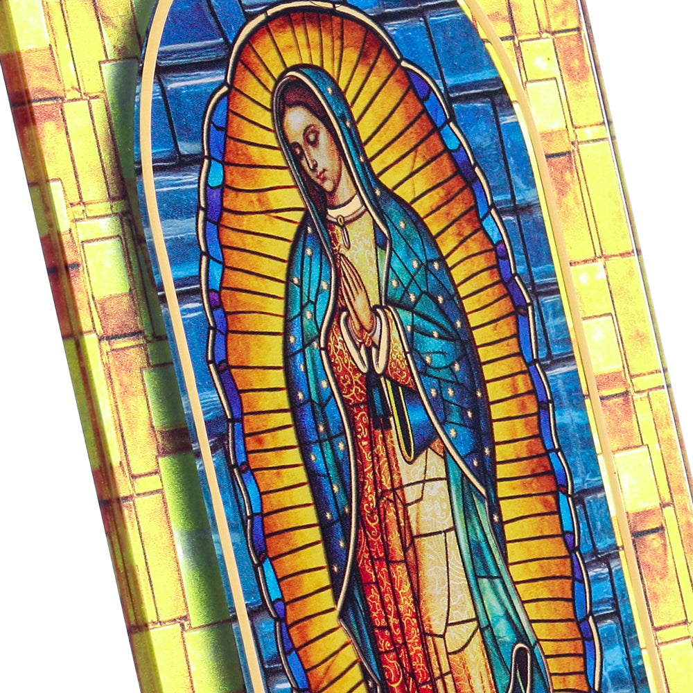 Quadro Madonna di Guadalupe in vetro – Immagine sacra da tavolo o da appendere con basetta – 13 × 18 cm