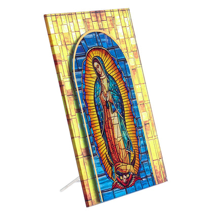 Quadro Madonna di Guadalupe in vetro – Immagine sacra da tavolo o da appendere con basetta – 13 × 18 cm