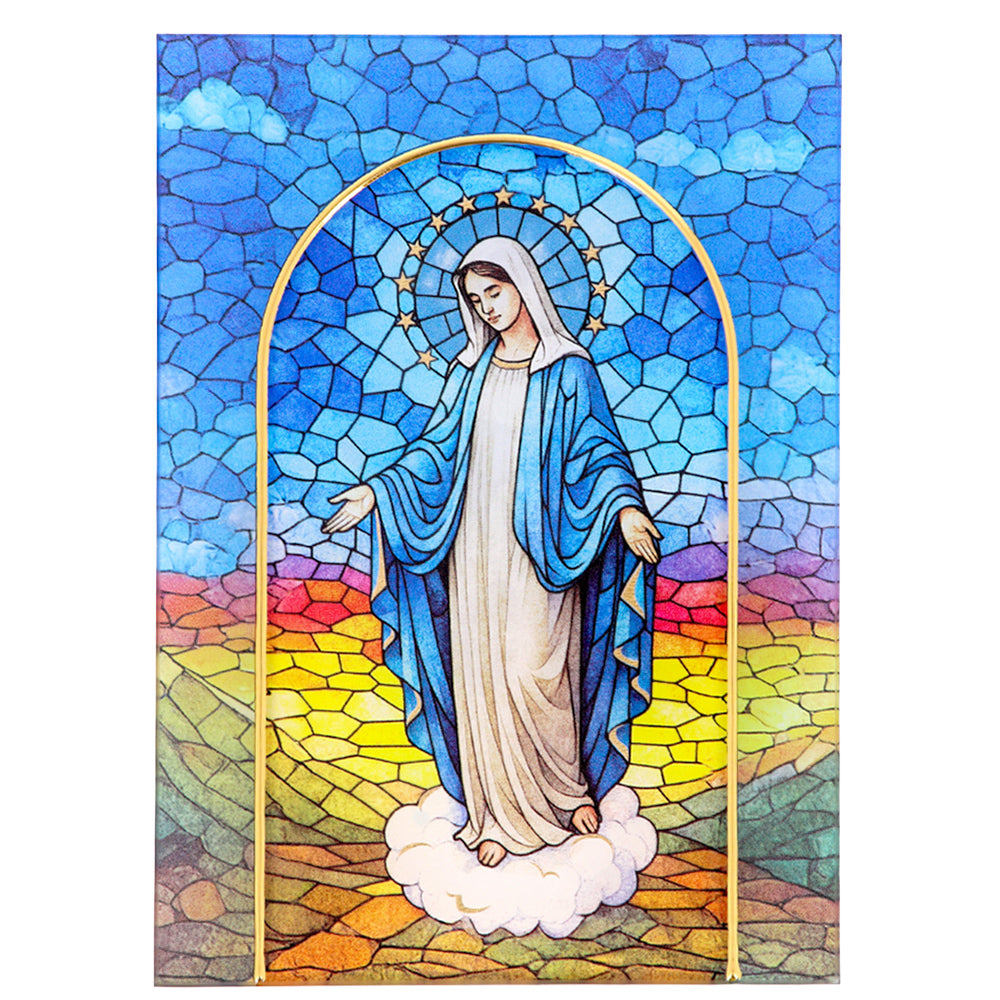 Quadro Madonna Miracolosa in vetro – Immagine sacra da tavolo o da appendere con basetta – 13 × 18 cm