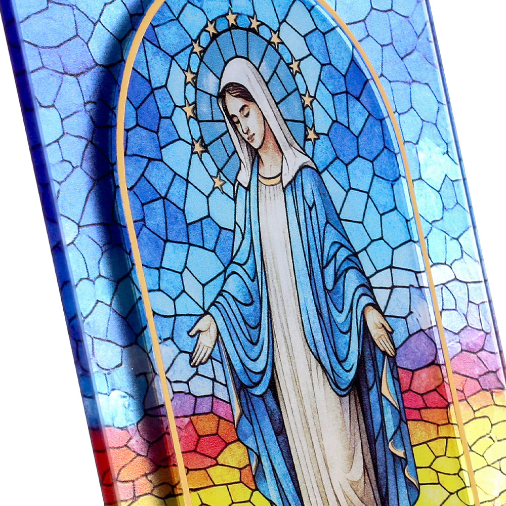 Quadro Madonna Miracolosa in vetro – Immagine sacra da tavolo o da appendere con basetta – 13 × 18 cm