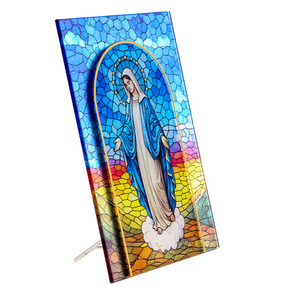 Quadro Madonna Miracolosa in vetro – Immagine sacra da tavolo o da appendere con basetta – 13 × 18 cm